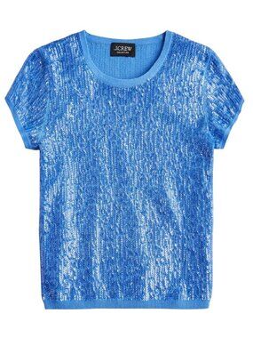 J.Crew Collection Blue Sequin Cap-Sleeve Cropped Sweater In Merino Wool size S